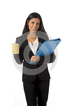 Corporate portrait young attractive latin businesswoman happy holding folder and coffee