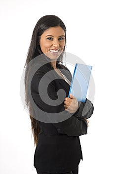 Corporate portrait young attractive latin businesswoman happy holding folder isolated white background