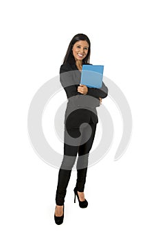 Corporate portrait young attractive latin businesswoman happy holding folder isolated white background