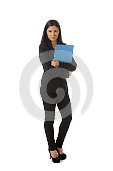 Corporate portrait young attractive latin businesswoman happy holding folder isolated white background