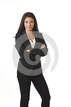 Corporate portrait of young attractive latin businesswoman in office suit smiling happy