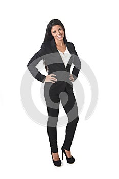 Corporate portrait of young attractive latin businesswoman in office suit smiling happy