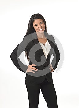 Corporate portrait of young attractive latin businesswoman in office suit smiling happy