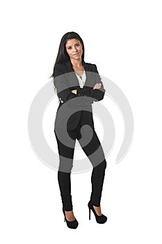 Corporate portrait of young attractive latin businesswoman in office suit smiling happy