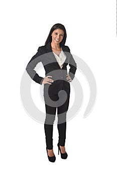 Corporate portrait of young attractive latin businesswoman in office suit smiling happy