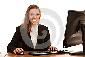 Corporate portrait of young beautiful caucasian business womanwork in the office   over white background