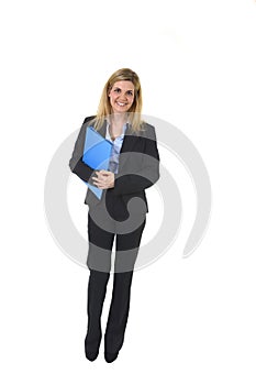 Corporate portrait young happy businesswoman holding folder posing confident smiling and relaxed