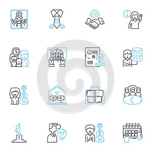 Corporate positions linear icons set. CEO, COO, CFO, CMO, CTO, HR, Accountant line vector and concept signs. Analyst