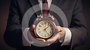Corporate Punctuality: Businessman\'s Hands Grasping an Analog Alarm Clock