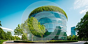 Corporate round building, Eco-friendly building in modern city. Green tree and sustainable glass building for reduce.