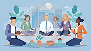 In a corporate setting stressed employees participate in a lunchtime sound healing session using simple instruments and photo
