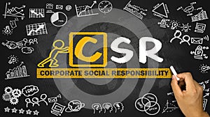 corporate social responsibility concept hand drawing on blackboard photo