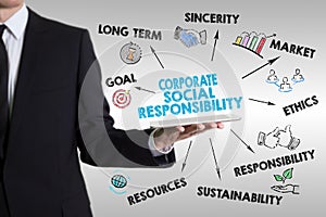 Corporate Social Responsibility Concept. Man holding a tablet co