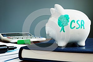 Corporate social responsibility CSR. Piggy bank and documents