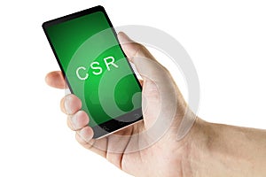 Corporate social responsibility or CSR word on digital smart phone