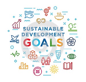 Corporate social responsibility word banner. Sustainable Development Goals. SDG signs. Infographics with linear icons on