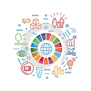 Corporate social responsibility word banner. Sustainable Development Goals. SDG signs. Infographics with linear icons on photo