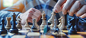 Corporate strategist deftly navigates chessboard with meticulous precision in strategic tableau photo
