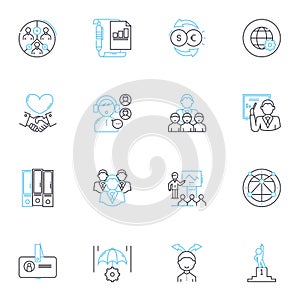 Corporate Titan linear icons set. Success, Strength, Leadership, Vision, Innovation, Growth, Globalization line vector