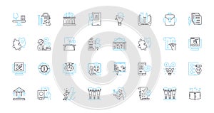 Corporate training linear icons set. Development, Growth, Learning, Success, Teamwork, Adaptability, Communication line photo