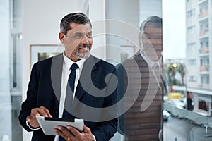 Corporate, window and man with a tablet, thinking and connection with inspiration, happiness and digital planning