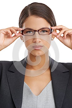 Corporate, woman in glasses and professional vision with eye care, wellness and optometry for investigative journalist