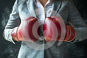 Corporate woman ready for business battle in office with boxing gloves, competitive work environment