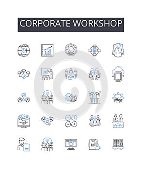 Corporate workshop line icons collection. Business seminar, Leadership retreat, Executive coaching, Team building