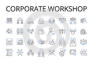 Corporate workshop line icons collection. Business seminar, Leadership retreat, Executive coaching, Team building