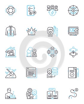 Corporate world linear icons set. Business, Finance, Industry, Company, Executive, Management, Leadership line vector