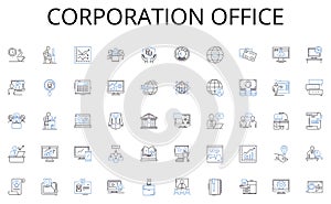 Corporation office line icons collection. Encryption, Firewall, Malware, Virus, Hackers, Ransomware, Phishing vector and photo