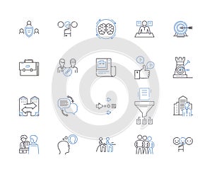 Corporation progress outline icons collection. Growth, Expansion, Progress, Development, Advancement, Expansion, Profits