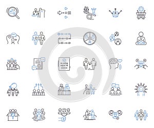 Corporation squad line icons collection. Teamwork, Strategy, Unity, Proficiency, Vision, Growth, Efficiency vector and
