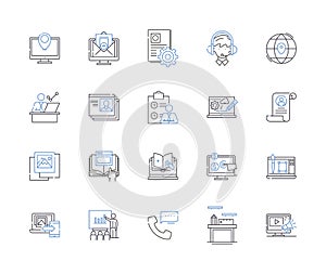 Corporation teamwork outline icons collection. Cooperation, Collaboration, Synergy, Synchronization, Coordination