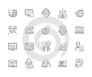 Corporation teamwork outline icons collection. Cooperation, Collaboration, Synergy, Synchronization, Coordination