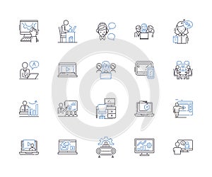 Corporation teamwork outline icons collection. Cooperation, Collaboration, Synergy, Synchronization, Coordination