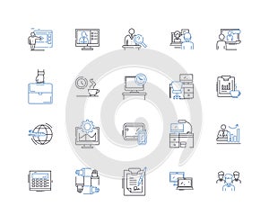 Corporation workplace line icons collection. Hierarchical, Metropolis, Competitive, Collaborative, Monotonous, Organized photo