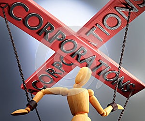 Corporations control, power, authority and manipulation symbolized by control bar with word Corporations pulling the strings