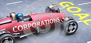 Corporations helps reaching goals, pictured as a race car with a phrase Corporations on a track as a metaphor of Corporations