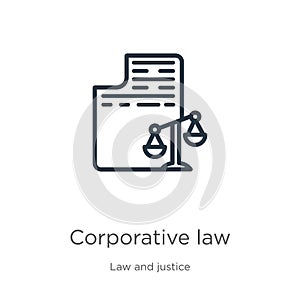 Corporative law icon. Thin linear corporative law outline icon isolated on white background from law and justice collection. Line photo