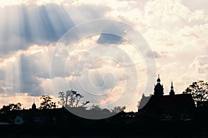 Corpus Christi Basilica. Polish Bazylika Bozego Ciala, Kazimierz district of Krakow, Poland. Wall, silhouette, details. Mystical photo