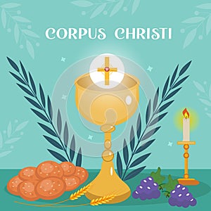 Corpus Christi Catholic religious holiday greeting card, template for your design. Feast Day, cross, bread, grapes