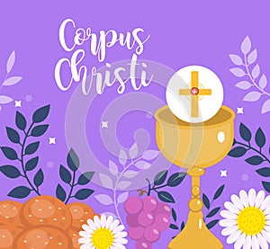 Corpus Christi Catholic religious holiday greeting card, template for your design. Feast Day, cross, bread, grapes