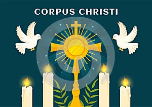 Corpus Christi Catholic Religious Holiday Vector Illustration with Feast Day, Cross, Bread and Grapes in Flat Cartoon Hand Drawn
