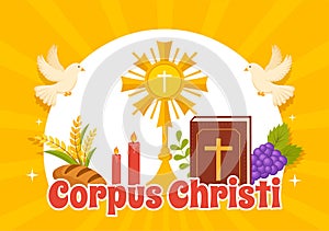 Corpus Christi Catholic Religious Holiday Vector Illustration with Feast Day, Cross, Bread and Grapes in Flat Cartoon Hand Drawn