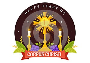 Corpus Christi Catholic Religious Vector Illustration with Feast Day, Cross, Bread and Grapes in Holiday Celebration Flat Cartoon