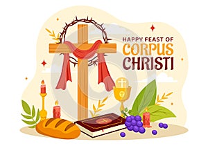 Corpus Christi Catholic Religious Vector Illustration with Feast Day, Cross, Bread and Grapes in Holiday Celebration Flat Cartoon