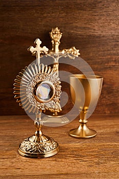 Corpus christi. Ostensory for worship for Catholic church ceremony.