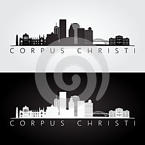 Corpus Christi usa skyline and landmarks silhouette, black and white design photo