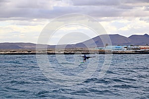 Corralejo, Canary island of Fuerteventura, Spain - November 25 2023: kitesurfing in front of the Beach